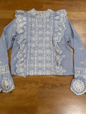 Tea n Cup Royal Blue & White Eyelet Stripe Top Size Small